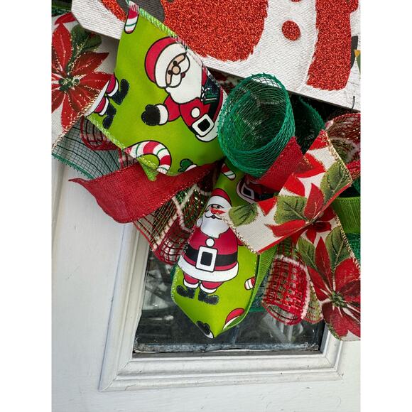 Handmade Santa Christmas Wreath Happy Holidays Sign Red Green White Ribbons xxx - Picture 4 of 7
